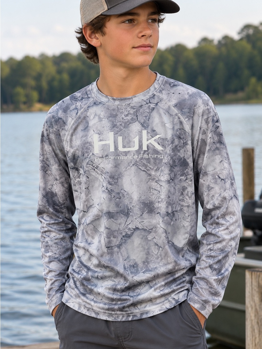Huk Performance Fishing Youth Long-Sleeve Gray Camo Shirt